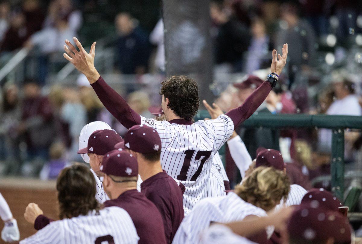 Texas A&M outfielder Jace Laviolette (17) reacts during Texas A&M’s  game against McNeese on Friday, Feb. 16, 2024, at Blue Bell Park. (Lana Cheatham/The Battalion)