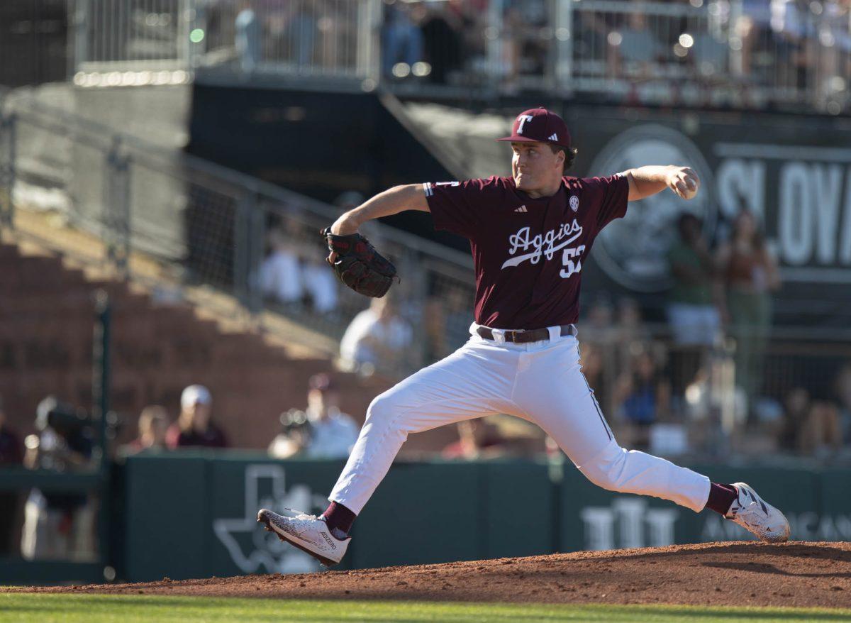 Texas A&M pitcher Evan Aschenbeck (53) during Texas A&Ms game against Wagner on Saturday, Feb. 24, 2024, at Blue Bell Park. (Lana Cheatham/The Battalion)