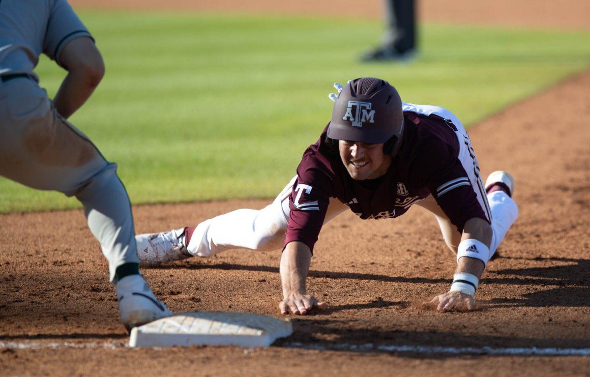 Texas A&M infielder Ryan Targac (12) during Texas A&Ms game against Wagner on Saturday, Feb. 24, 2024, at Blue Bell Park. (Lana Cheatham/The Battalion)