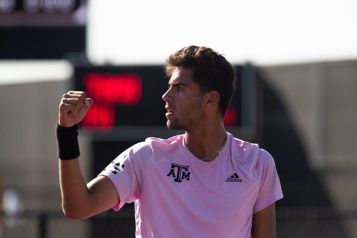 Sophomore Togan Tokac reacts to another point at Texas A&amp;M's match against Pepperdine on Sunday, Feb. 25, 2024, at the Mitchell Tennis Center. (© Connor May/The Battalion)