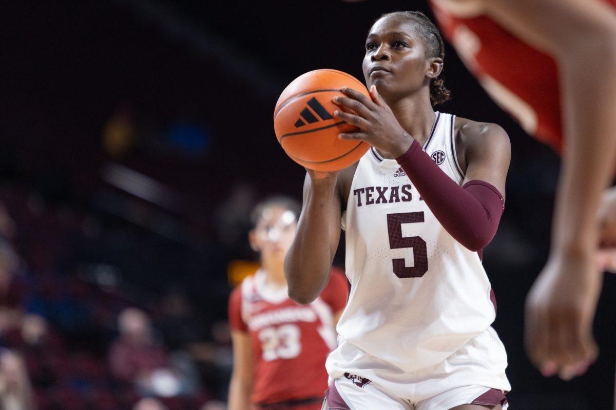 Texas A&M guard Aicha Coulibaly (5) makes a free throw during Texas A&Ms game against Arkansas on Thursday, Feb. 22, 2024, at Reed Arena. (Adriano Espinosa/The Battalion)