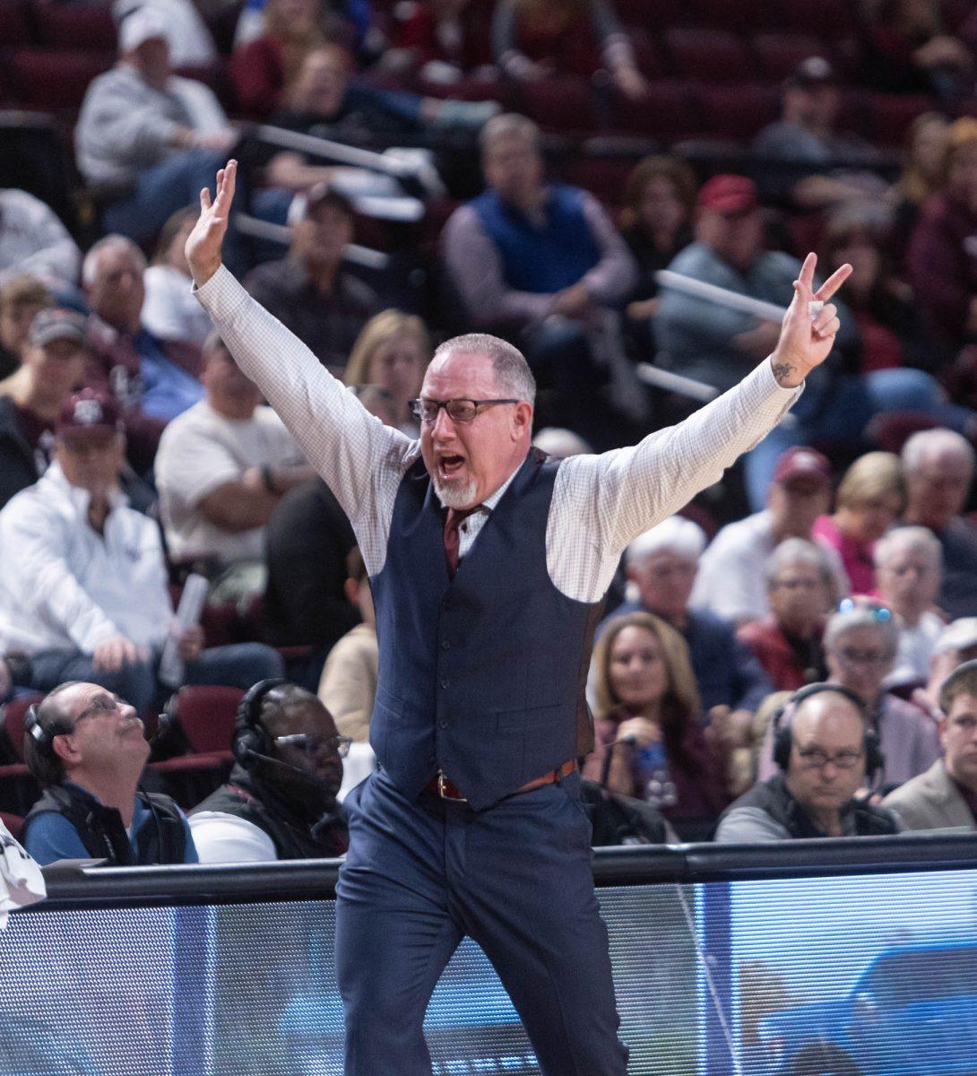 Head Coach Buzz William coaches during Texas A&Ms game against Arkansas on Feb. 20, 2024 at Reed Arena. (Jaime Rowe/The Battalion)