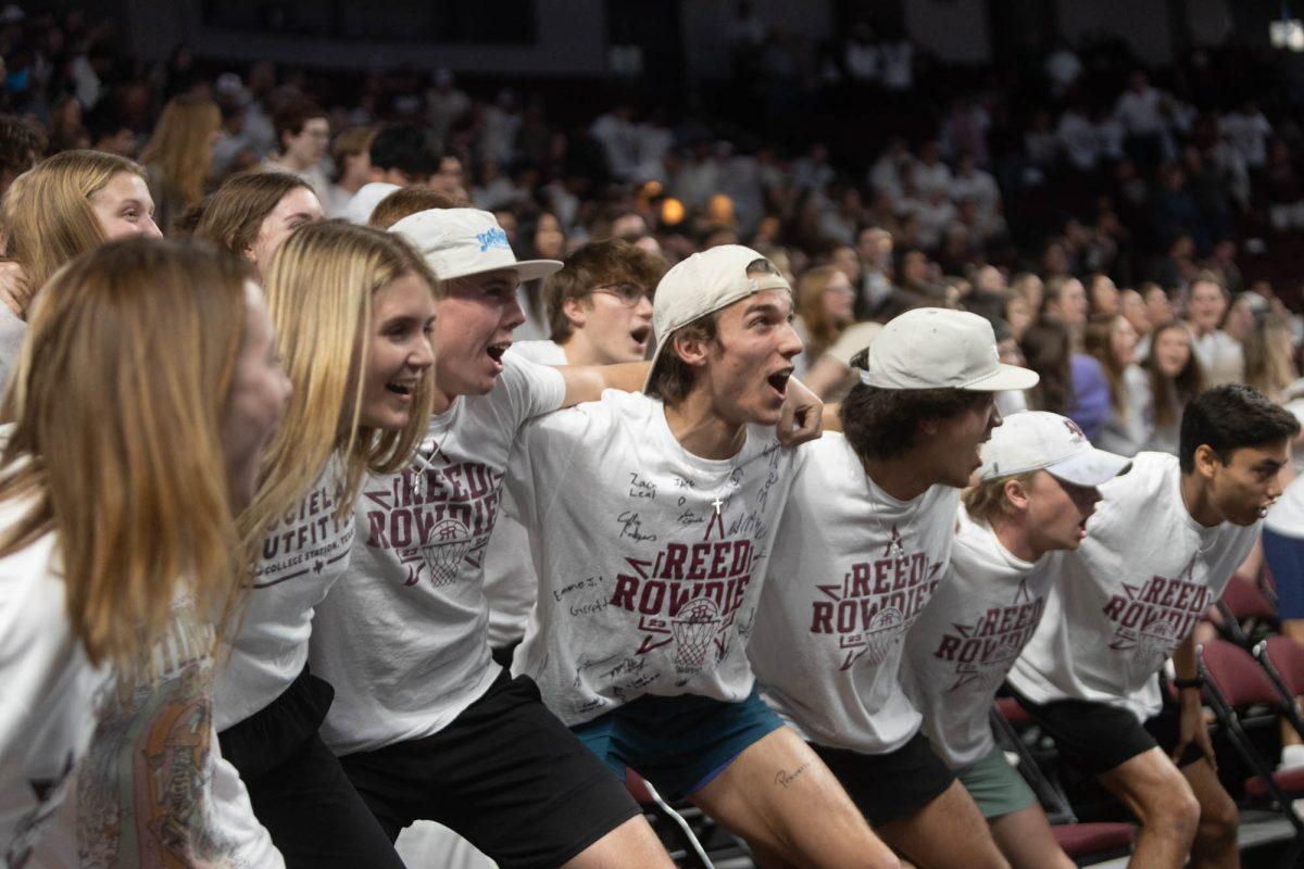 Students sway to the war hymn before Texas A&Ms game against Arkansas on Feb. 20, 2024 at Reed Arena. (Jaime Rowe/The Battalion)