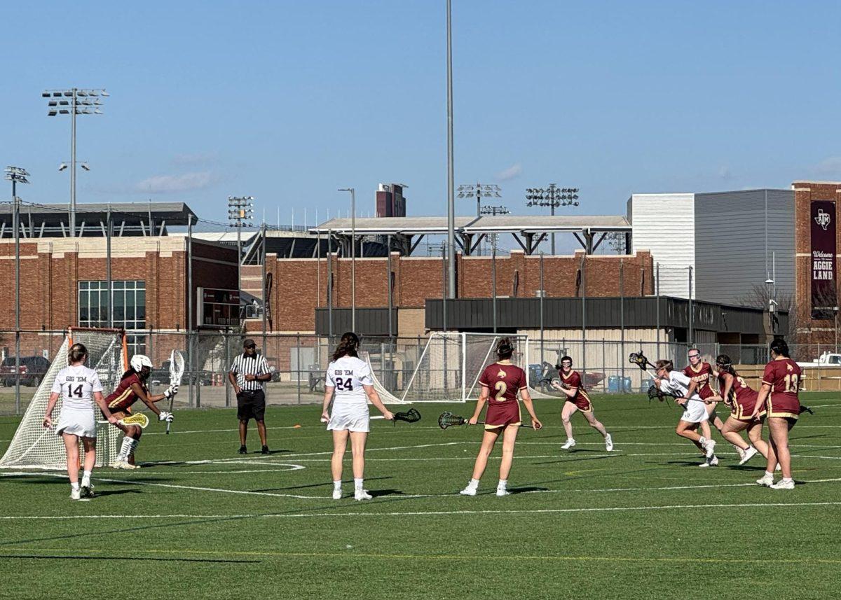 Texas A&M women’s lacrosse sophomore midfielder Marielia Du Toit scored a goal to help the Aggies win against Texas State on Feb. 25 at Penberthy Rec Sports Complex. (Photo by Maeve O’Donovan, JOUR 359 contributor)
