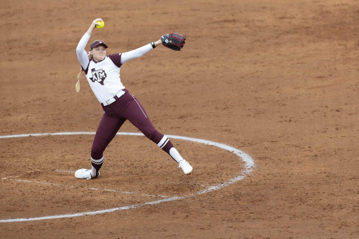 Graduate P Shaylee Ackerman (10) pitches during Texas A&Ms game against Valpo on Feb. 10, 2024 at Davis Diamond.