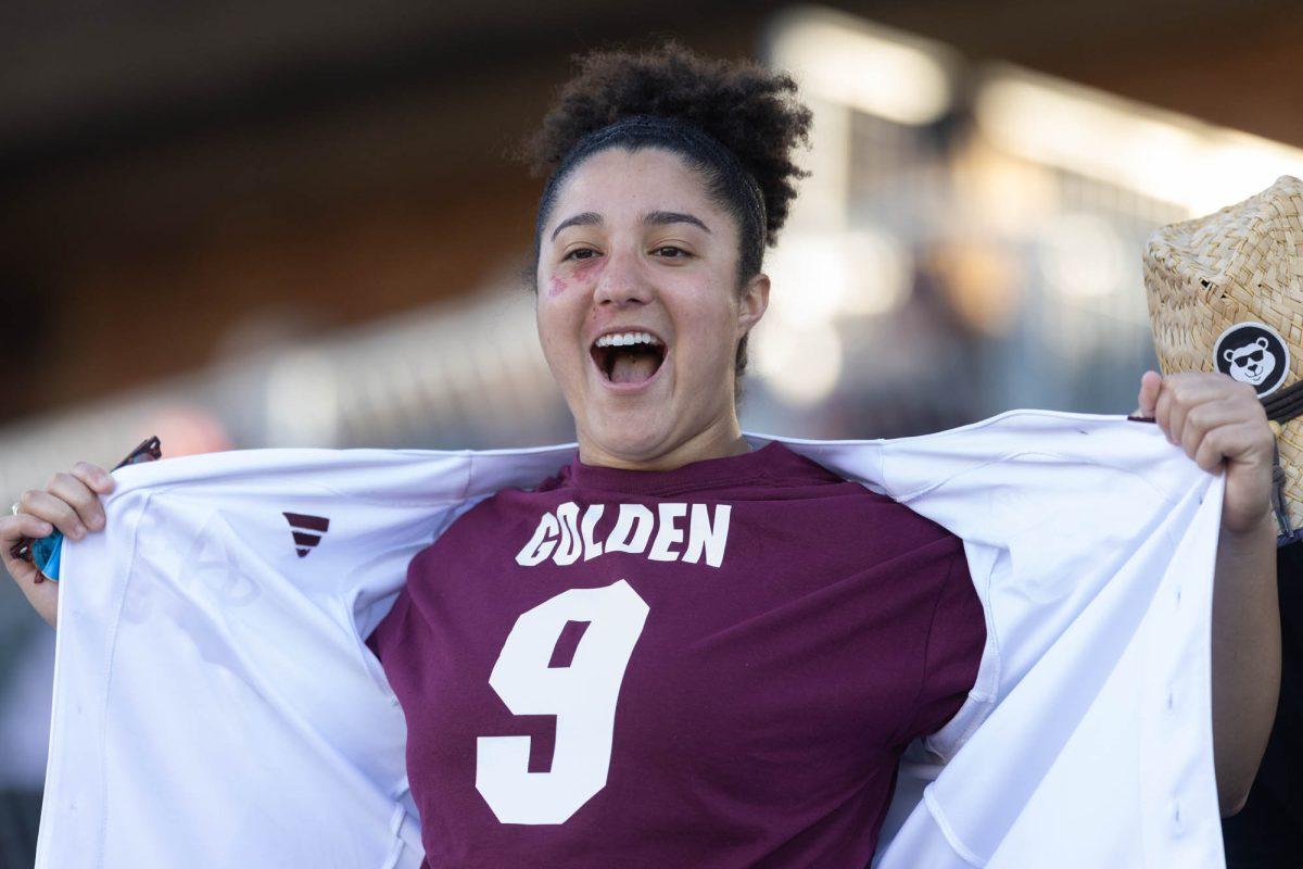Former A&M softball player wears shirt in support of Freshman OF Hailey Golden (9) during Texas A&Ms game against St. Thomas on Feb. 23, 2024 at Davis Diamond. (Jaime Rowe/The Battalion)