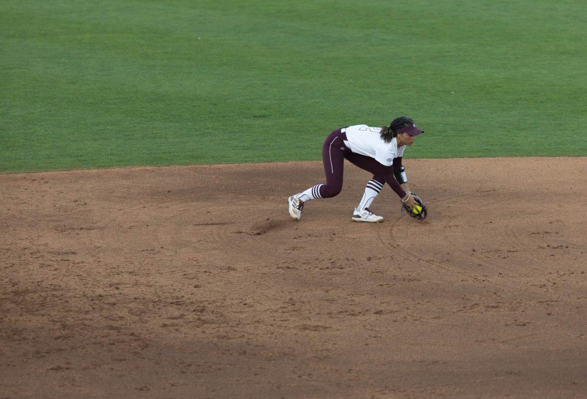 Senior INF Rylen Wiggins (2) catches the ball during Texas A&Ms game against St. Thomas on Feb. 23, 2024 at Davis Diamond. (Jaime Rowe/The Battalion)