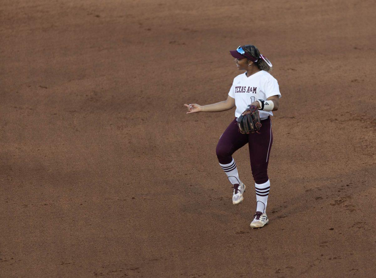 Sophomore INF Kennedy Powell (1) does a celebration dance during Texas A&Ms game against St. Thomas on Feb. 23, 2024 at Davis Diamond. (Jaime Rowe/The Battalion)