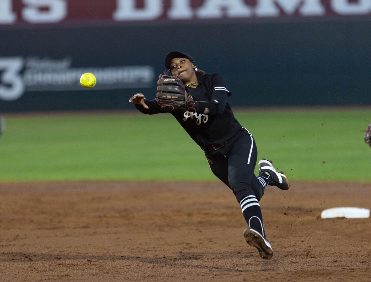 Junior INF Koko Wooley (3) throws the ball during Texas A&Ms game against Kansas State on Feb. 24, 2024 at Davis Diamond. (Jaime Rowe/The Battalion)