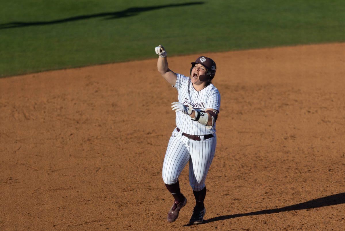 Senior INF Trinity Cannon (6) celebrates her game winning grand slam in the 8th inning of Texas A&Ms game against UTSA on Feb. 25, 2024 at Davis Diamond. (Jaime Rowe/The Battalion)