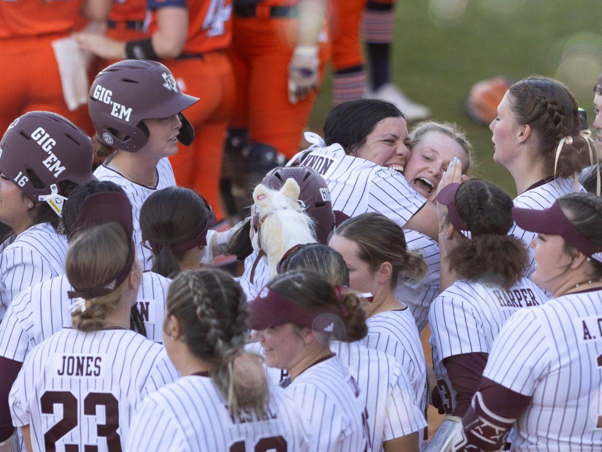 Texas A&Ms softball team celebrates their win against UTSA on Feb. 25, 2024 at Davis Diamond. (Jaime Rowe/The Battalion)