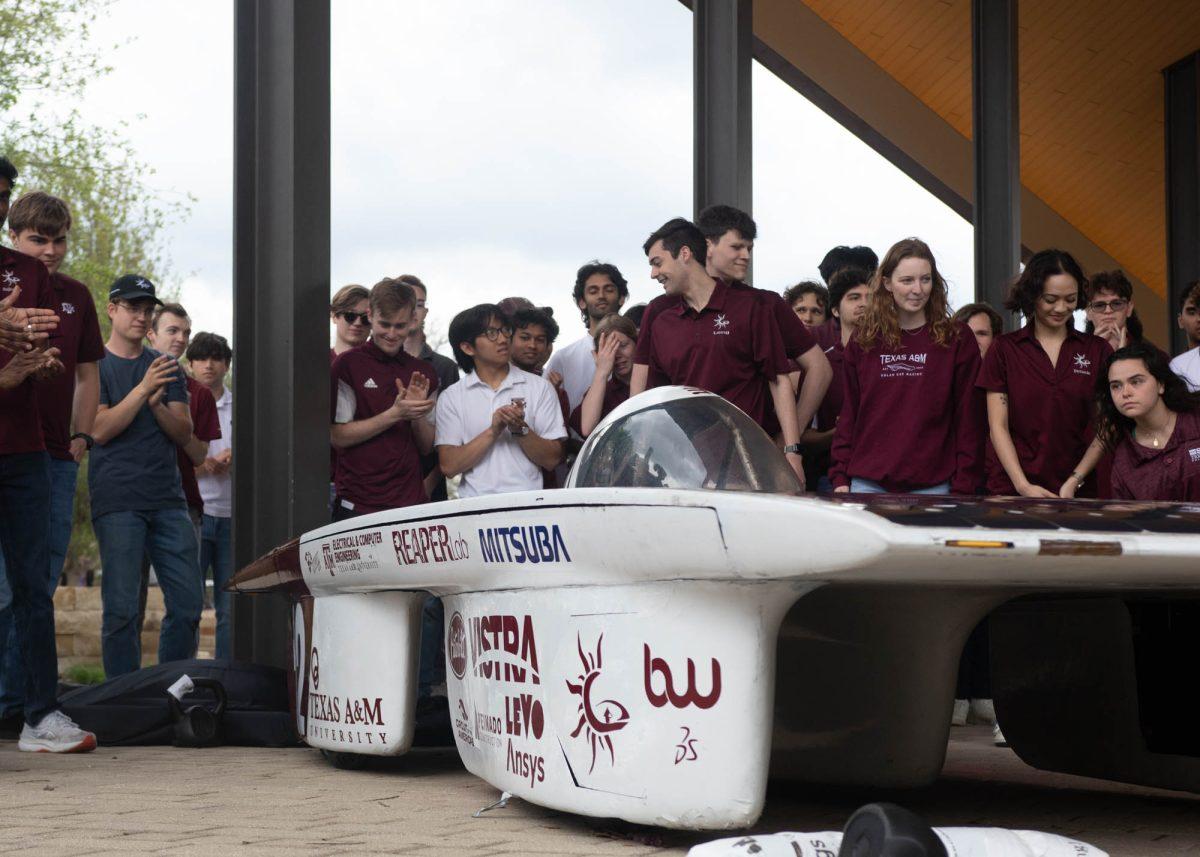 Texas A&M Solar Car Racing's car displayed at Aggie Park on March 24, 2024.