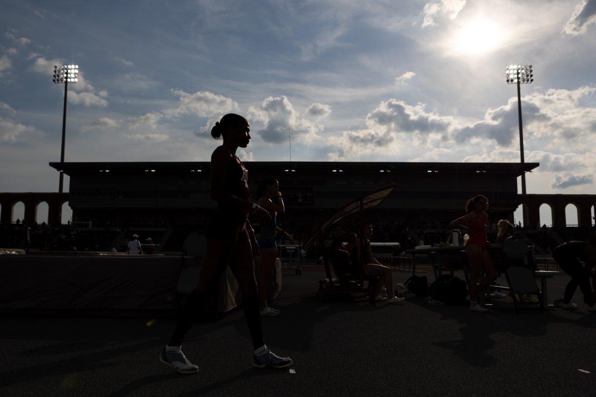 Sunset picture of Texas A&M senior Joniar Thomas as she prepares for high jump during the Texas A&M Invitational on Saturday, March 23, 2024, at E.B. Cushing Stadium. (CJ Smith/The Battalion)