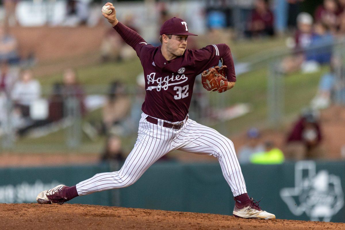 Junior RHP Brad Rudis (32) starts to throw the ball during A&Ms games against Houston Christian University on Tuesday, March 26, 2024, at Olsen Field. (CJ Smith/The Battalion)
