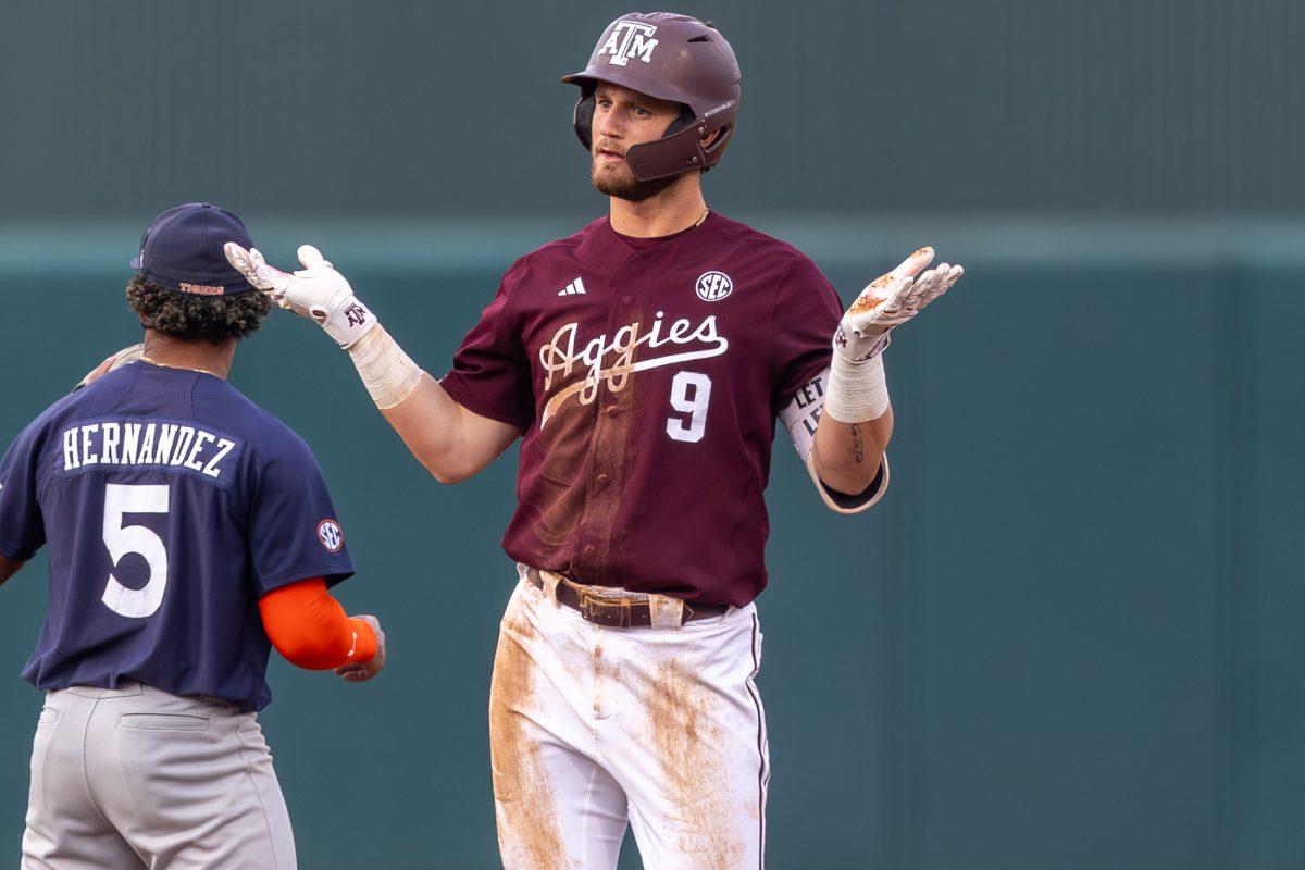 Freshman UTIL Gavin Grahovac (9) reacts to hitting a double during A&M's game against Auburn on Friday, March 29, 2024, at Olsen Field. (CJ Smith/The Battalion)