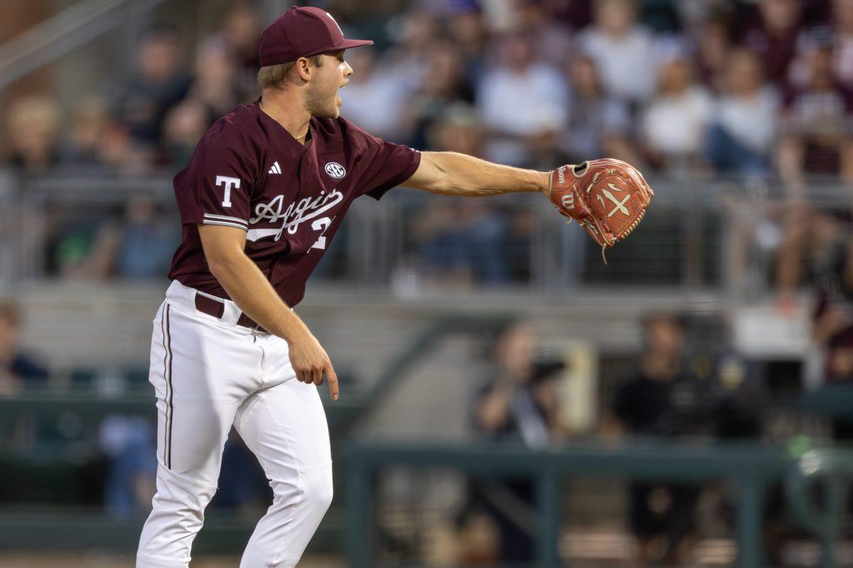 Junior RHP Brad Rudis (32) points to his catcher during A&M's game against Auburn on Friday, March 29, 2024, at Olsen Field. (CJ Smith/The Battalion)