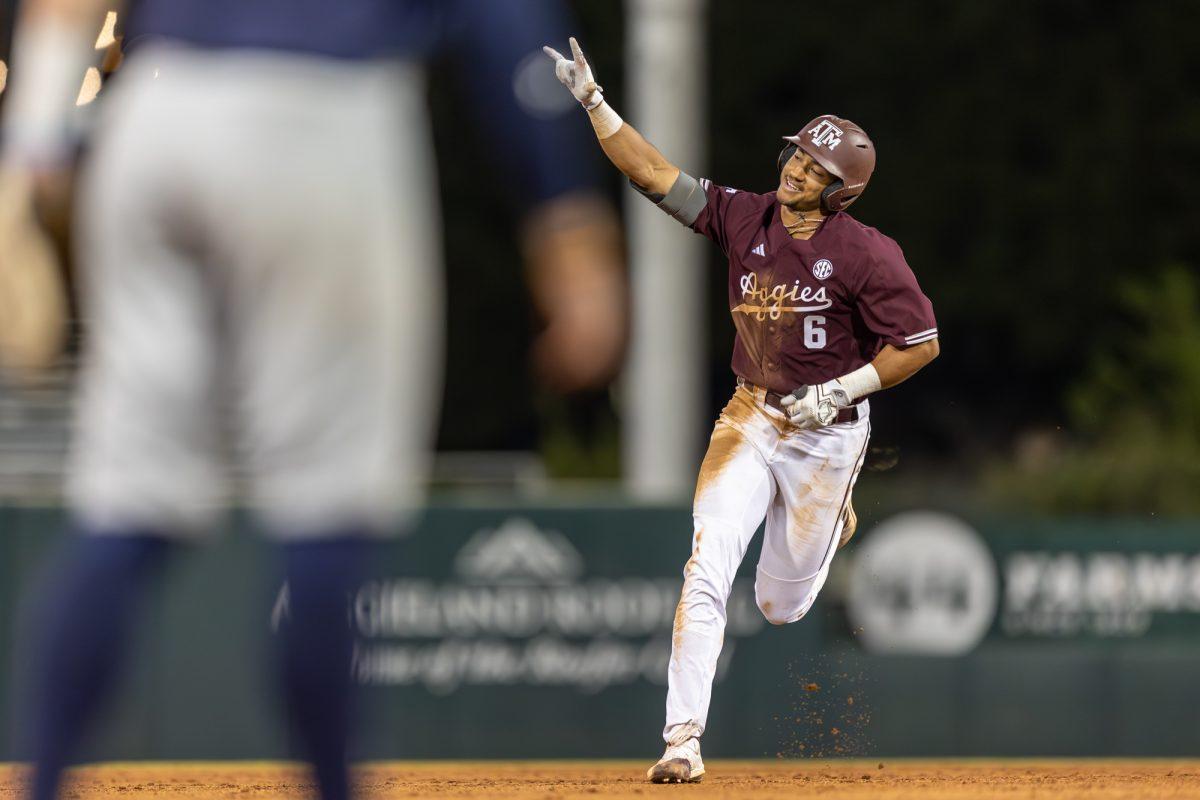 Junior OF Braden Montgomery (6) reacts after a home run during A&M's game against Auburn on Friday, March 29, 2024, at Olsen Field. (CJ Smith/The Battalion)