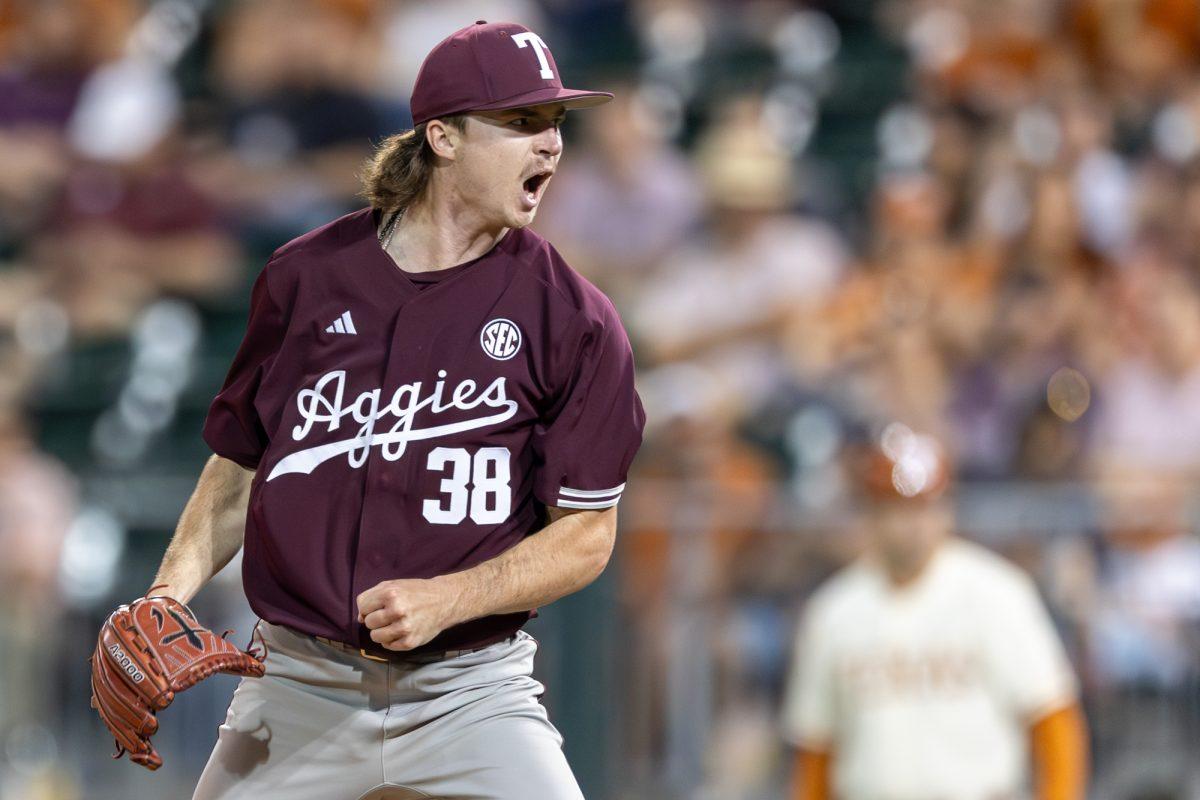 Sophomore LHP Shane Sdao (38) reacts after a strikeout during Texas A&Ms game against Texas at Disch-Falk Field on Tuesday, March 5, 2024. (CJ Smith/The Battalion)