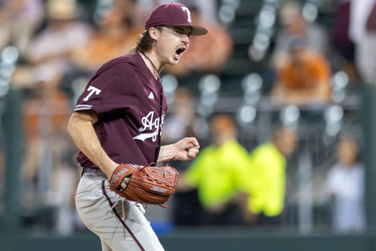 Sophomore LHP Shane Sdao (38) reacts after the final strikeout during Texas A&Ms game against Texas at Disch-Falk Field on Tuesday, March 5, 2024. (CJ Smith/The Battalion)