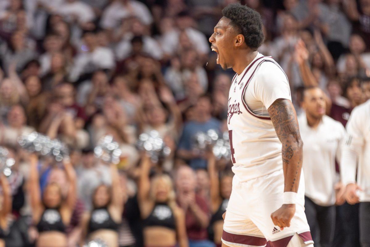 Junior G Wade Taylor (4) reacts during Texas A&Ms game against Mississippi State on Wednesday, March 6, 2024, at Reed Arena. (CJ Smith/The Battalion)