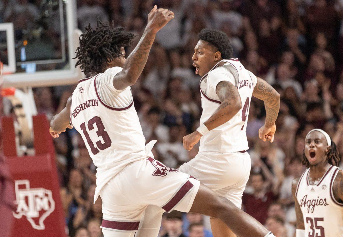 Sophomore F Solomon Washington (13) and junior G Wade Taylor (4) celebrate during Texas A&Ms game against Mississippi State on Wednesday, March 6, 2024, at Reed Arena. (CJ Smith/The Battalion)