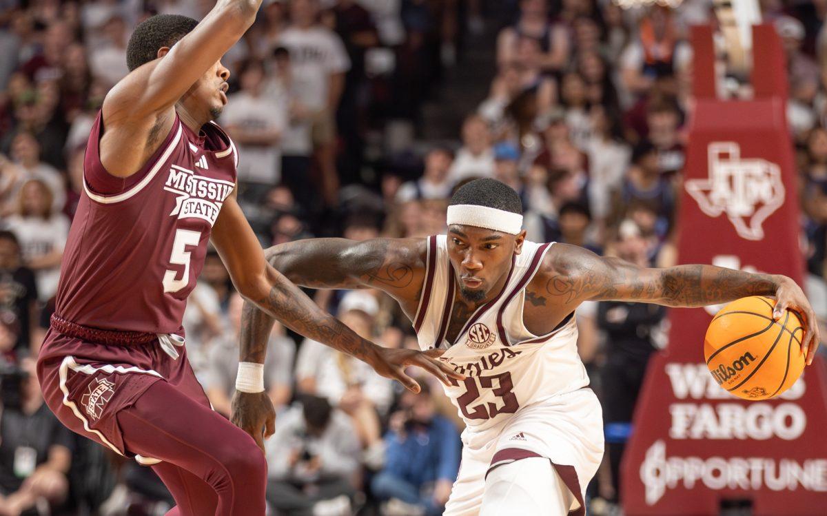 Senior G Tyrece Radford (23) crosses over Mississippi State sophomore Shawn Jones Jr. (5) during Texas A&Ms game against Mississippi State on Wednesday, March 6, 2024, at Reed Arena. (CJ Smith/The Battalion)