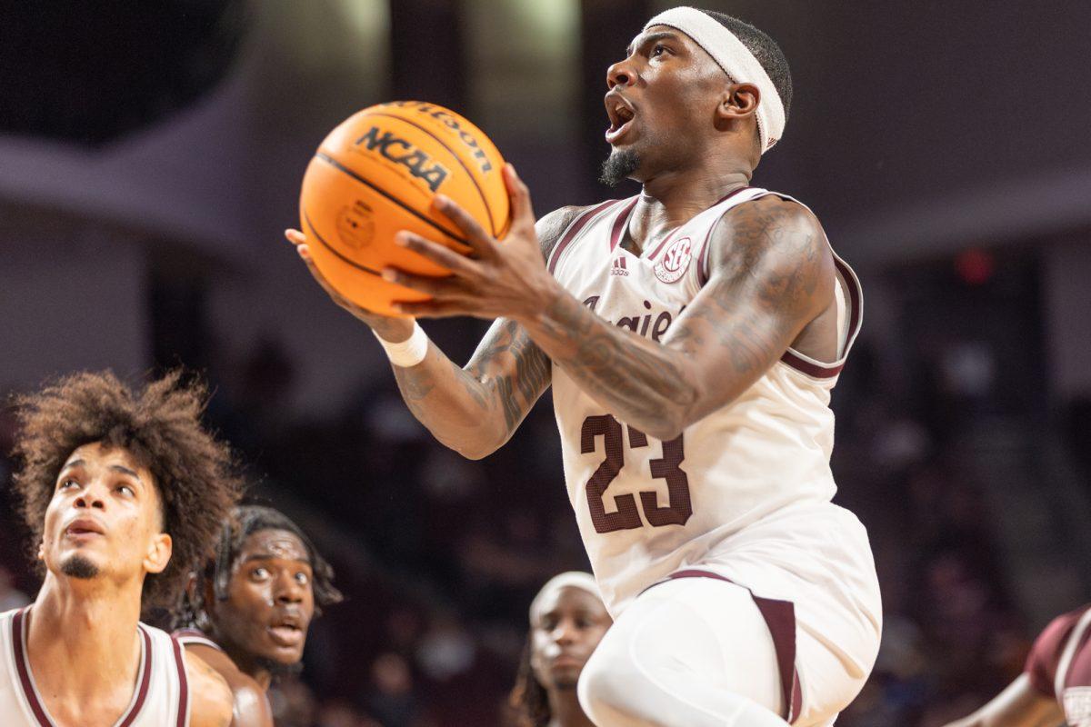 Senior G Tyrece Radford (23) lays the ball up during Texas A&Ms game against Mississippi State on Wednesday, March 6, 2024, at Reed Arena. (CJ Smith/The Battalion)