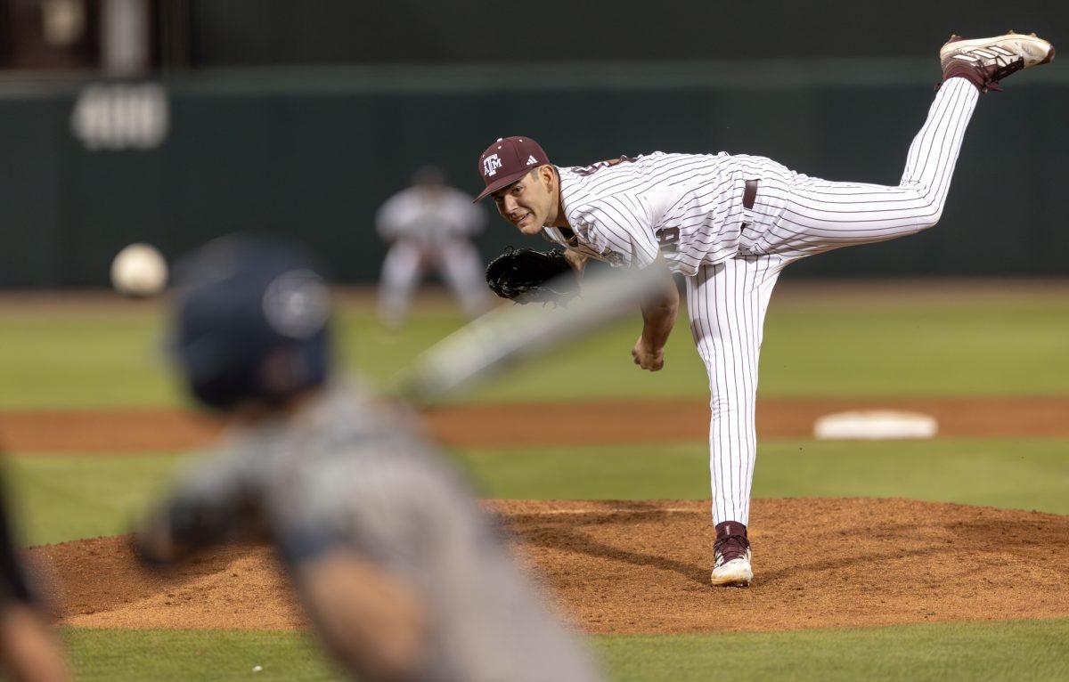 Sophomore LHP Ryan Prager (18) pitches during A&M's games against Rhode Island on Friday, March 8, 2024, at Olsen Field. (CJ Smith/The Battalion)