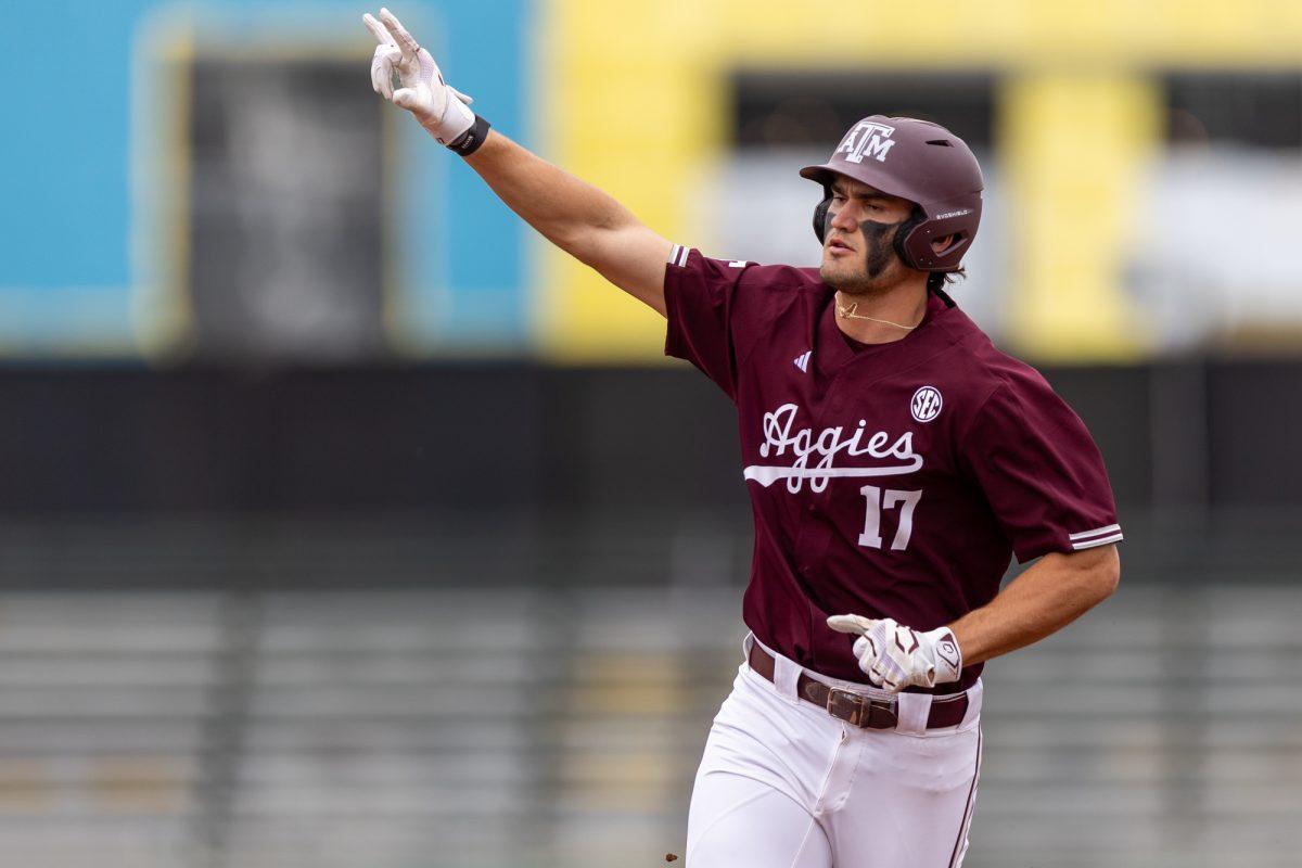 Sophomore OF Jace LaVoilette (17) reacts after hitting a home run during A&Ms game against Prairie View on Wednesday, March 20, 2024, at Olsen Field. (CJ Smith/The Battalion)