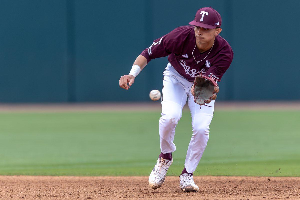 Junior INF Ali Camarillo (2) catches a ground ball during A&M's game against Prairie View on Wednesday, March 20, 2024, at Olsen Field. (CJ Smith/The Battalion)