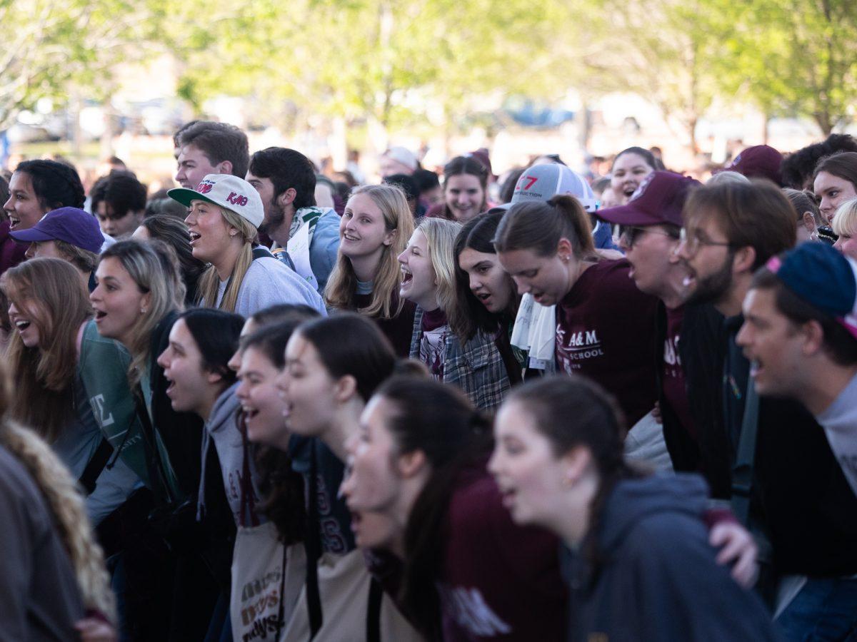 Students sing the war hymn at The Big Event Ceremony on Saturday, Mar 23, 2024. (Hannah Harrison/The Battalion)
