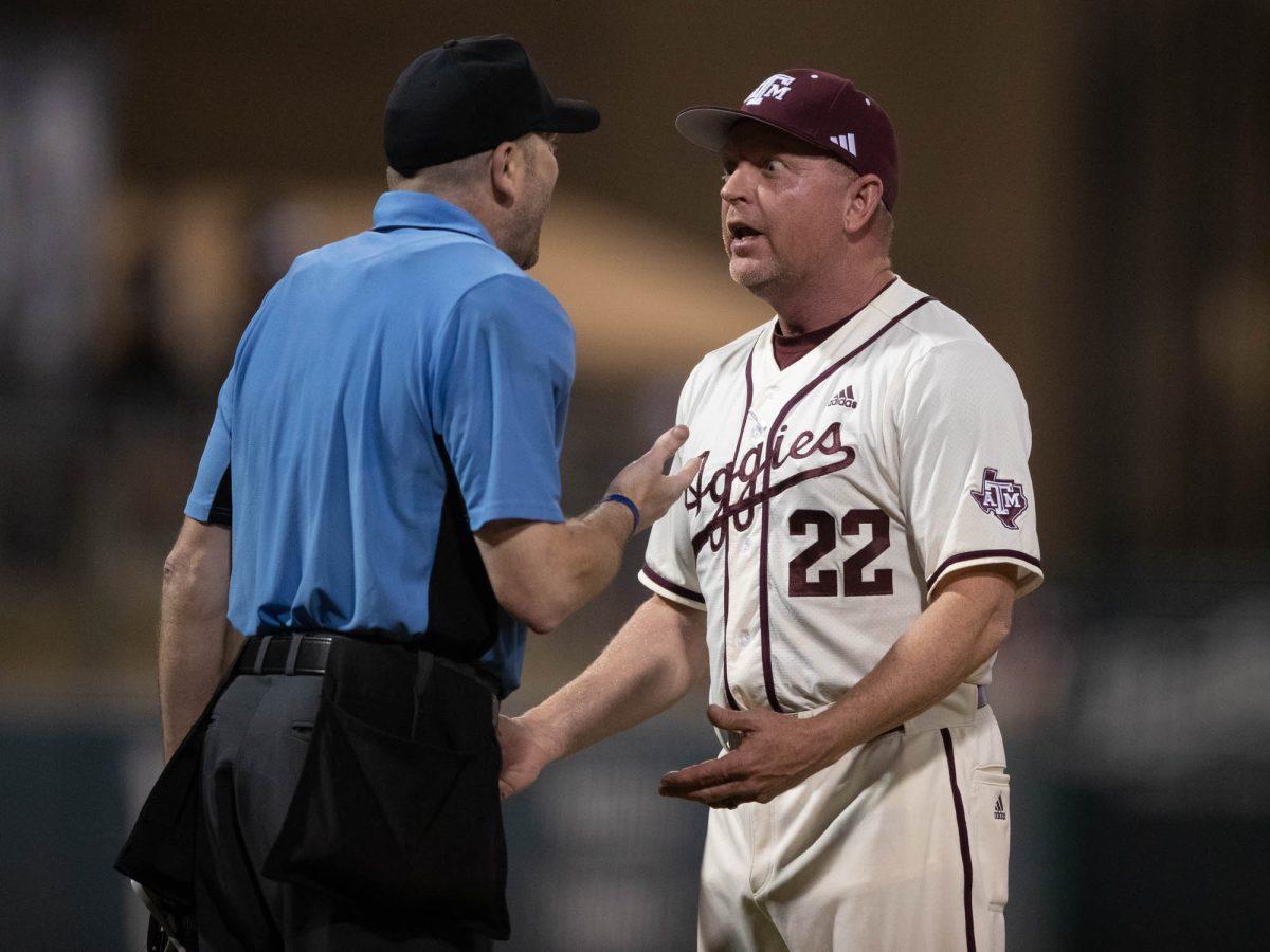 Texas A&M Head Coach Jin Schlossnagle fighting a call during Texas A&M’s game against Texas Southern on Wednesday, March. 6, 2024 at Olsen Field. (Hannah Harrison/The Battalion)