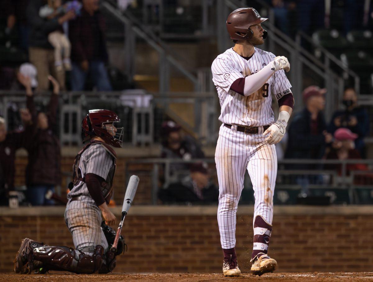 Texas A&M Aggies utility Gavin Grahovac (9) bat flips after hitting a grand slam during Texas A&Ms game against Mississippi State on Thursday, Mar. 21, 2024, at Olsen Field. (Hannah Harrison/The Battalion)