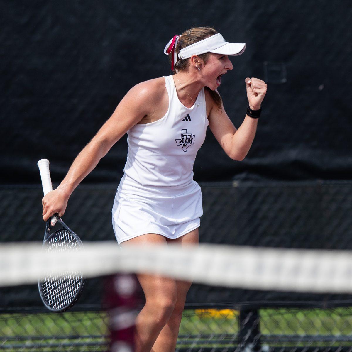 Junior Mary Stoiana reacts to her winning set at Texas A&Ms match against Florida on Sunday, March 3, 2024, at the Mitchell Tennis Center. (© Connor May/The Battalion)