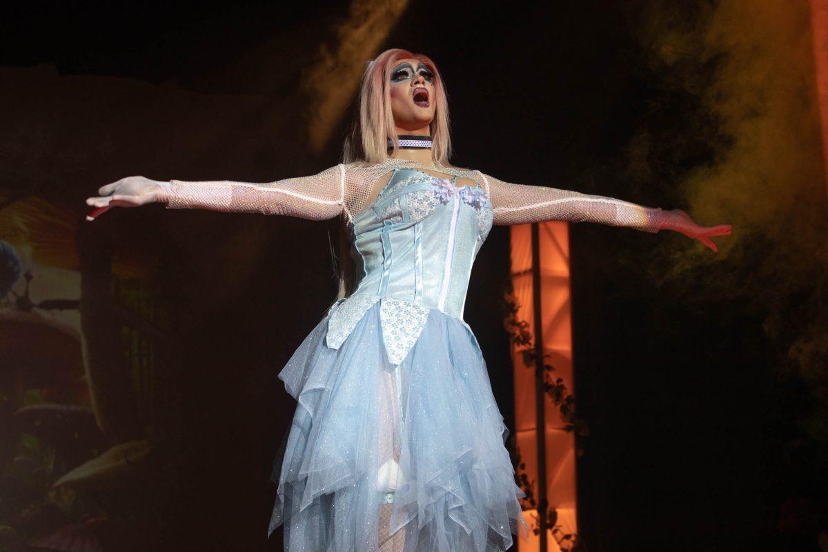 Drag queen Deaven Lee performing to 'Yes And' by Ariana Grande at the Draggieland show in Rudder Theater, Thursday March 28, 2024. (Ashely Bautista/The Battalion)