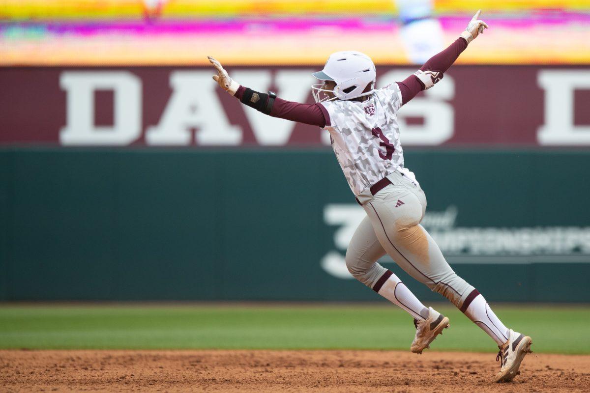 Texas A&M infielder Koko Wooley (3) reacts after hitting a walk off during Texas A&Ms game against Auburn on Sunday, March 24, 2024, at Davis Diamond. (Lana Cheatham/The Battalion)