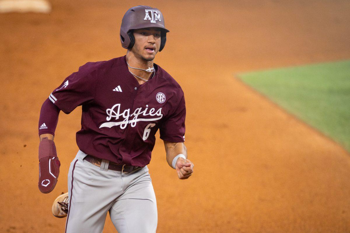 Texas A&M outfielder Braden Montgomery (6) runs to second during Texas A&M’s game against USC on Saturday, March. 2, 2024 at Globe Life Field. (Chris Swann/The Battalion)