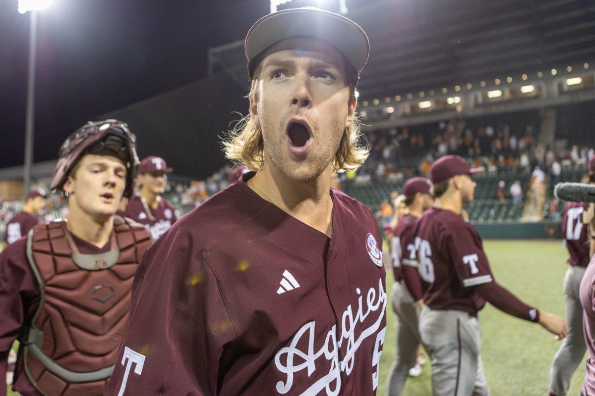 Graduate OF Hayden Schott (5) reacts to the win after Texas A&Ms game against Texas at Disch-Falk Field on Tuesday, March 5, 2024. (CJ Smith/The Battalion)