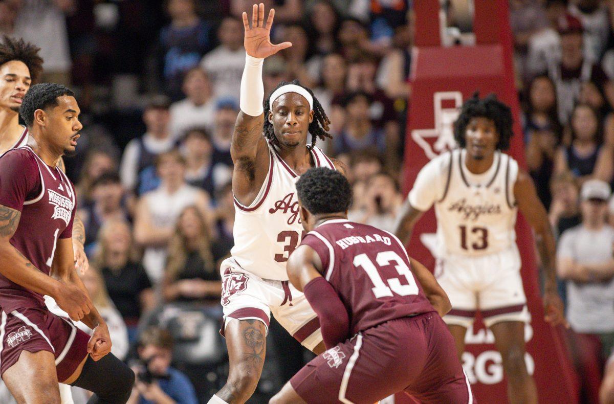 Junior G Manny Obaseki (35) defends against Mississippi State freshman Josh Hubbard (13) during Texas A&Ms game against Mississippi State on Wednesday, March 6, 2024, at Reed Arena. (CJ Smith/The Battalion)