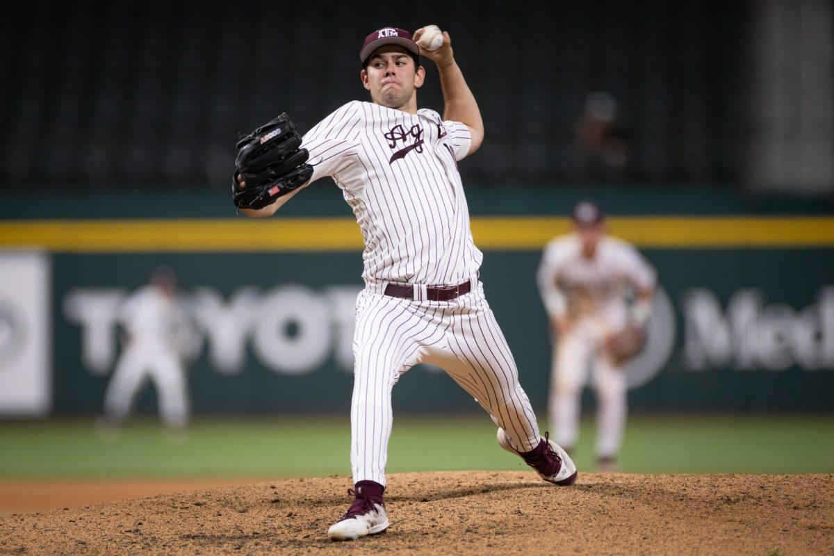 Texas A&M pitcher Ryan Prager (18) delivers a pitch during Texas A&M’s game against Arizona State on Friday, March. 1, 2024 at Globe Life Field. (Chris Swann/The Battalion)