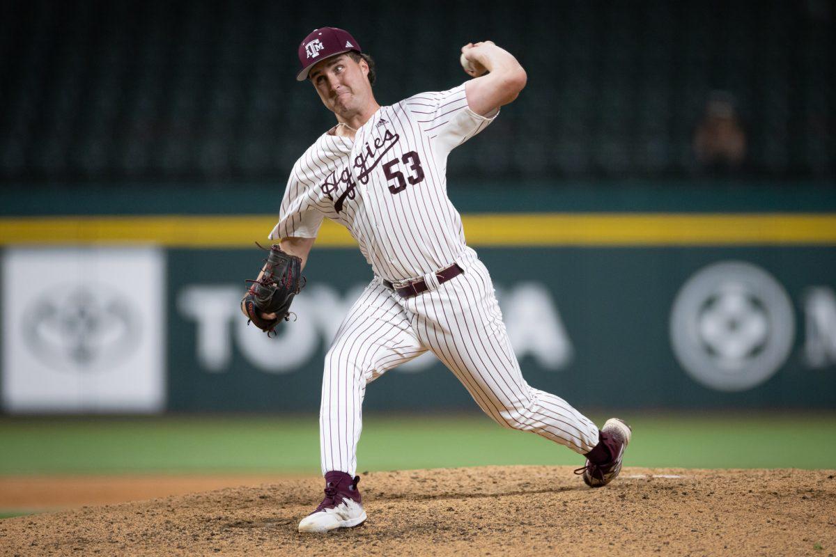 Texas A&M pitcher Evan Aschenbeck (53) delivers a pitch during Texas A&M’s game against Arizona State on Friday, March. 1, 2024 at Globe Life Field. (Chris Swann/The Battalion)