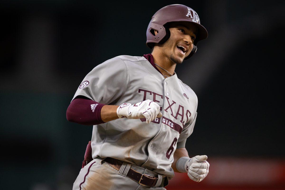 Texas A&M outfielder Braden Montgomery (6) reacts after hitting a grand slam during Texas A&M’s game against Arizona State on Sunday, March. 3, 2024 at Globe Life Field. (Chris Swann/The Battalion)