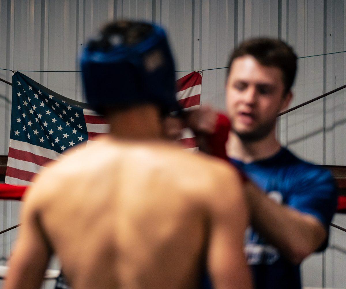 Fighter AJ Baird prepares to fight  during Farmers Fight NIght sparring practice on Tuesday, Feb. 20, 2024, at BCS Boxing Club.
