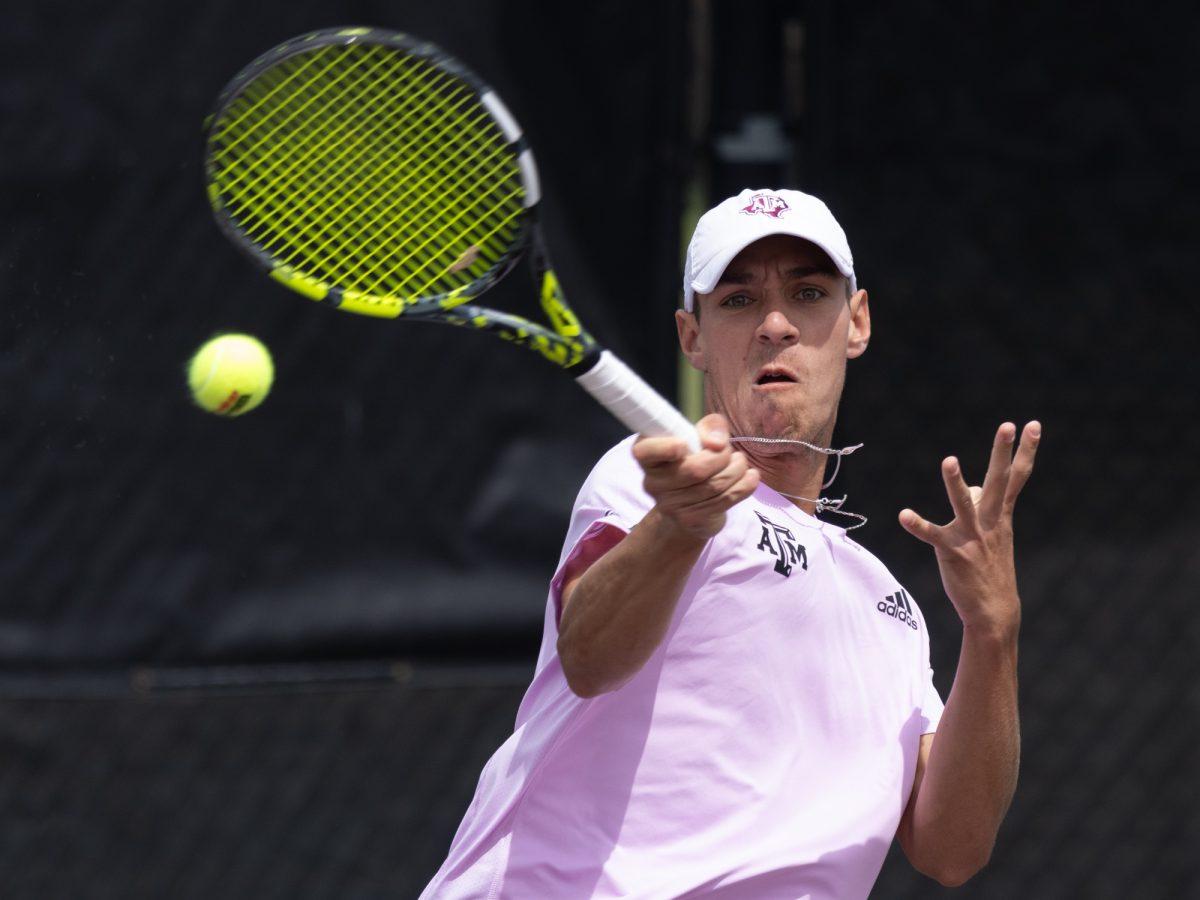 Junior Giulio Perego returns the ball during Texas A&M’s match against Vanderbilt on Friday, March 29, 2024 at Mitchell Tennis Center. (Chris Swann/The Battalion)