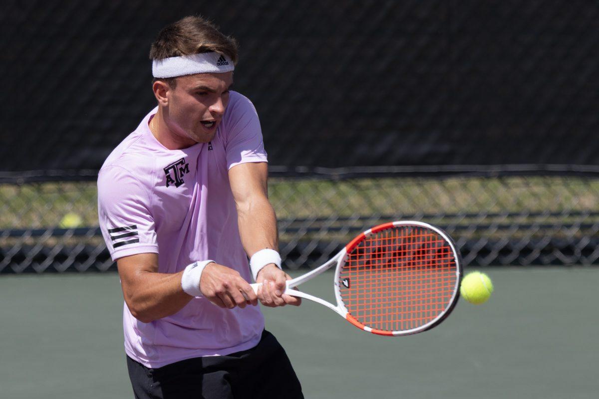 Senior Raphael Perot returns the ball during Texas A&M’s match against Vanderbilt on Friday, March 29, 2024 at Mitchell Tennis Center. (Chris Swann/The Battalion)