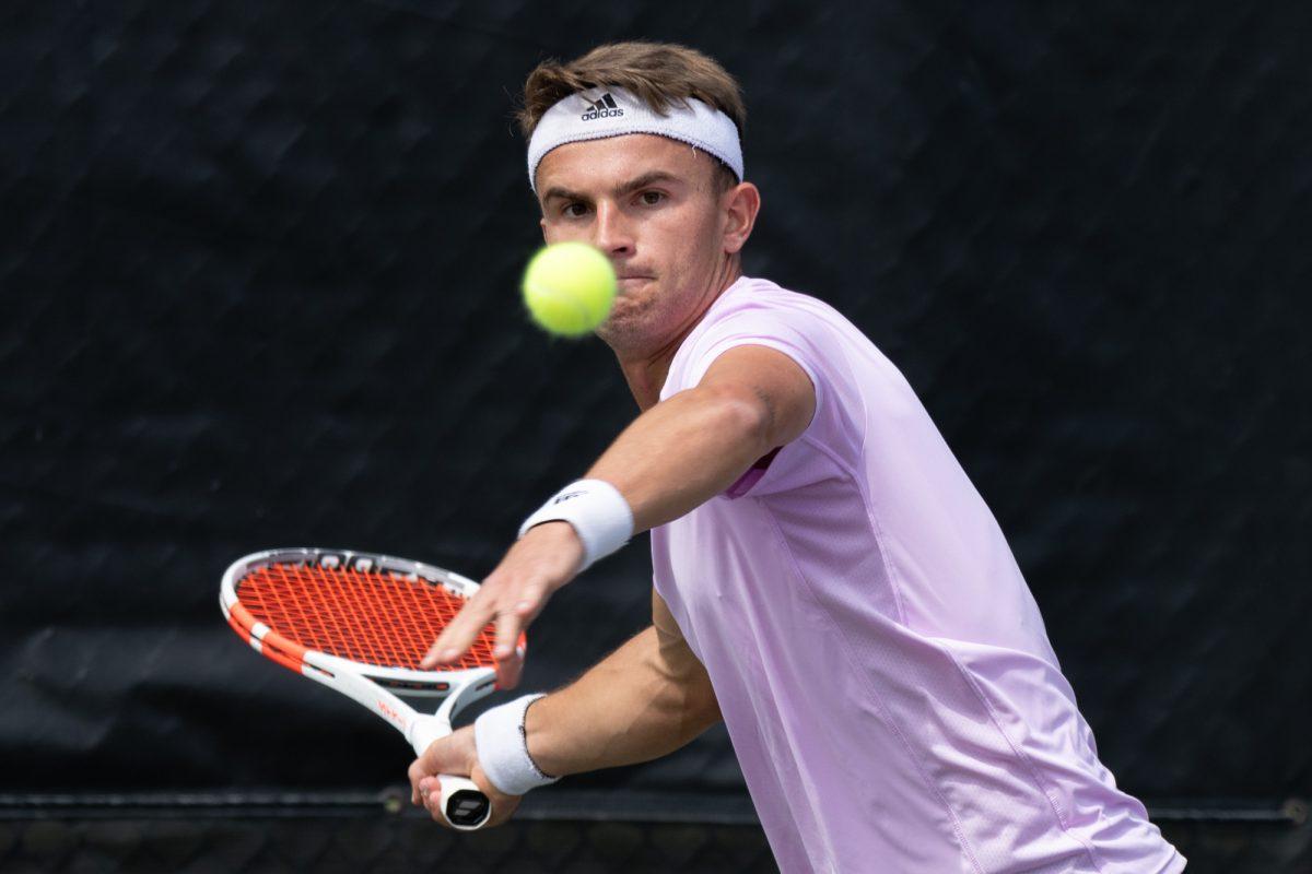 Senior Raphael Perot watches the ball during Texas A&M’s match against Vanderbilt on Friday, March 29, 2024 at Mitchell Tennis Center. (Chris Swann/The Battalion)