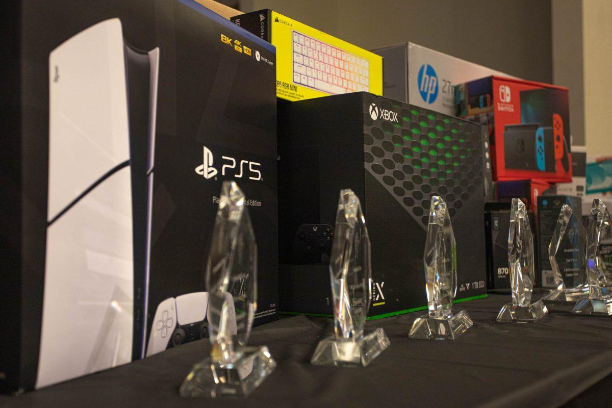 Prizes laid out for the competitors on a table during the annunal Chillennium competition on March 1, 2024 at the Thomas G. Hildebrand Equine Complex. (Photo by Rebecca Cervantes/The Battalion)