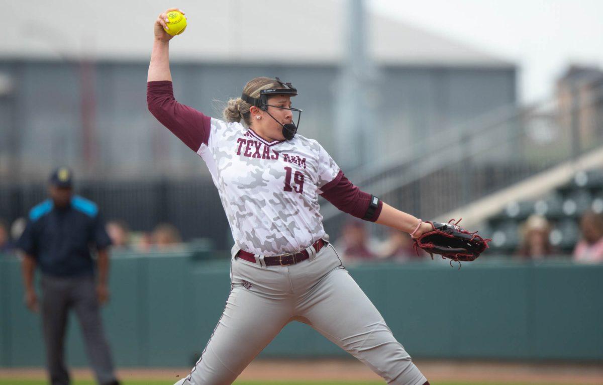 Texas A&M starting pitcher/relief pitcher Brooke Vestal (19) pitches during Texas A&Ms game against Auburn on Sunday, March 24, 2024, at Davis Diamond. (Lana Cheatham/The Battalion)