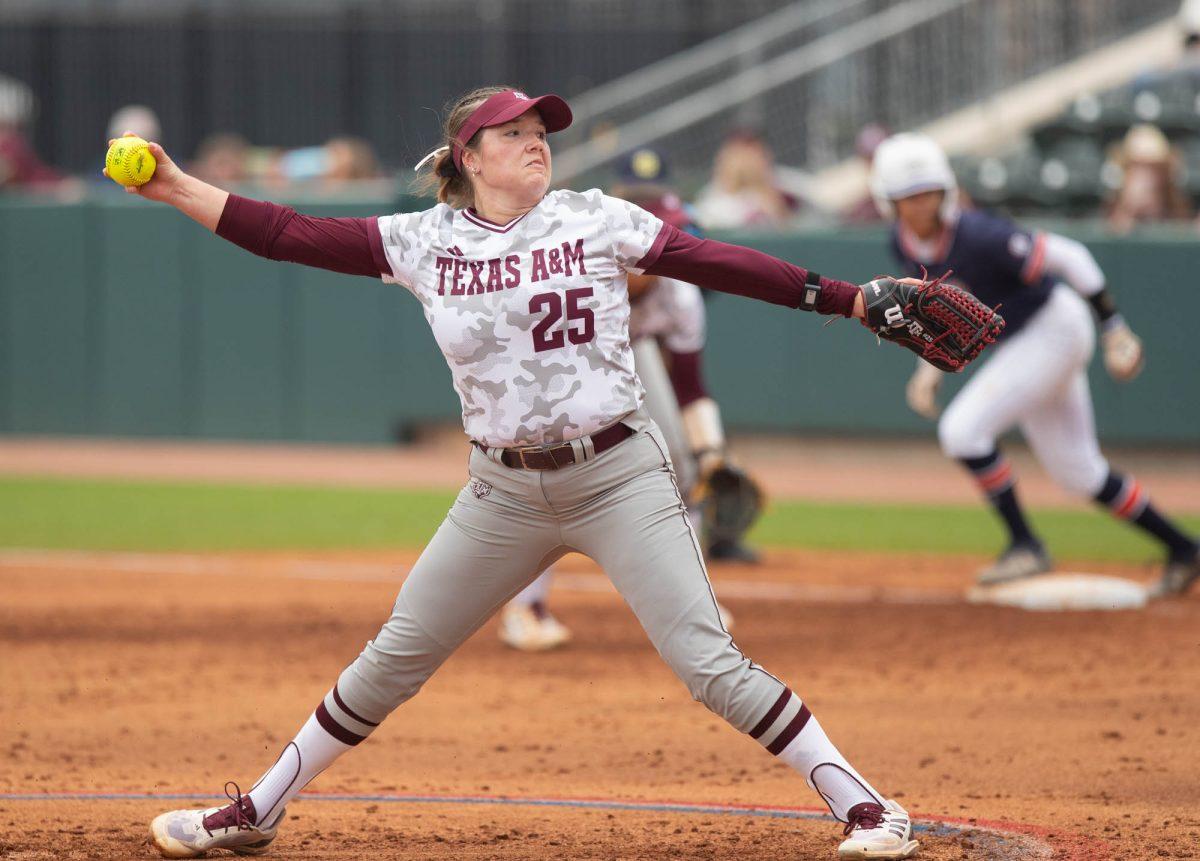 Texas A&M starting pitcher/relief pitcher Emily Leavitt (25)pitches during Texas A&Ms game against Auburn on Sunday, March 24, 2024, at Davis Diamond. (Lana Cheatham/The Battalion)