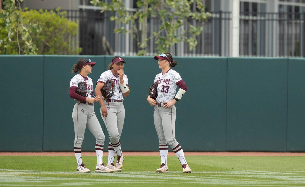 Texas A&Ms outfielders during Texas A&Ms game against Auburn on Sunday, March 24, 2024, at Davis Diamond. (Lana Cheatham/The Battalion)